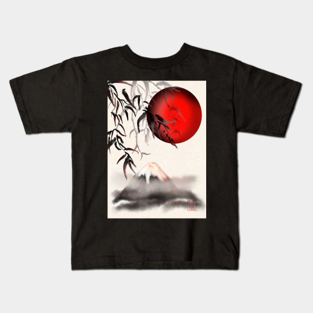 Sumi-e Mount Fuji with a red rising sun Kids T-Shirt by cuisinecat